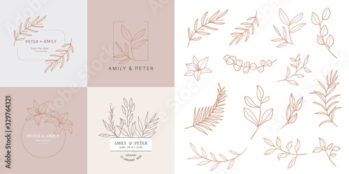 Wedding logo, Botanical rustic trendy greenery vector illustration Floral logo design for wedding invitation, RSVP, Thank you cards,  save the date card, Vector illustration.