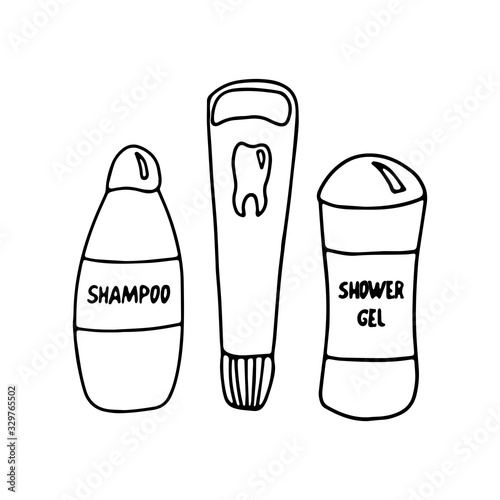 Bathroom goods in doodle style. Shampoo, shower gel and toothpaste. Hand drawn vector illustration isolated on white background. Great for coloring books. Black ink.