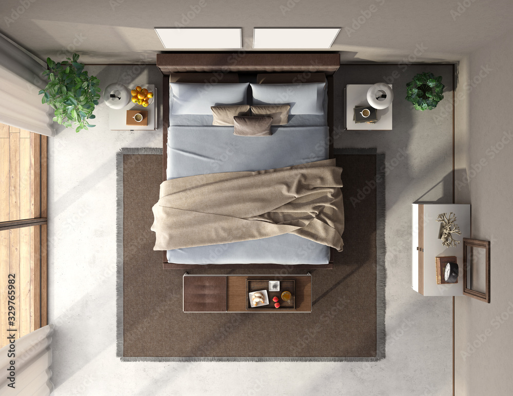 Top view of a blue and brown master bedroom - obrazy, fototapety, plakaty 
