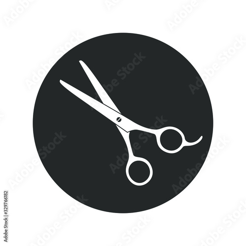 Scissors graphic icon. Shears for hair cutting sign in the circle isolated on white background. Barber symbol. Vector illustration