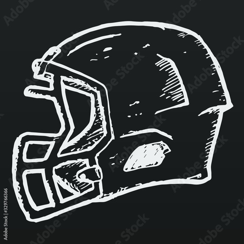 American football player's helmet hand drawn sketch illustration on dark background. Chalk board drawing style.