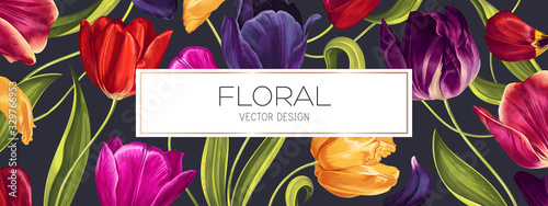 Spring floral vector background design for sale banner, poster with tulips flowers, petals and leaves. Realistic style, hand drawn, vector. Can be used as advertising banner cover in social network