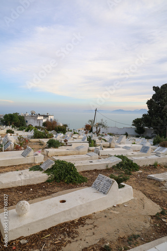 Sunset over the Muslim cemetery of Sidi Bou Said, Tunisia