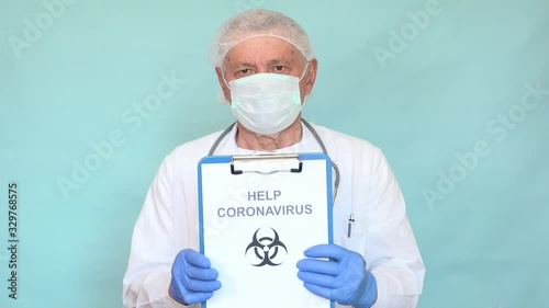 Symbolic scene of aged doctor in a panic for fear of biohazard outbreak and Coronavirus, Covid-19 disease. Old specialist getting in a flap for pandemia,infectious sickness epidemic plague Sars-CoV-2