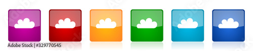 Cloud icon set, colorful square glossy vector illustrations in 6 options for web design and mobile applications