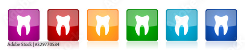 Tooth icon set, colorful square glossy vector illustrations in 6 options for web design and mobile applications