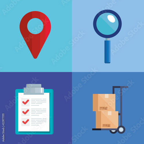 gps mark lupe list document and boxes over cart design, Delivery logistics transportation shipping service warehouse industry and global theme Vector illustration