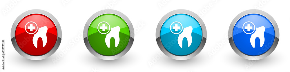 Dentist silver metallic glossy icons, dental, tooth concept set of modern design buttons for web, internet and mobile applications in four colors options isolated on white background Dentist silver metallic glossy icons, dental, tooth concept set of modern design buttons for web, internet and mobile applications in four colors options isolated on white background
