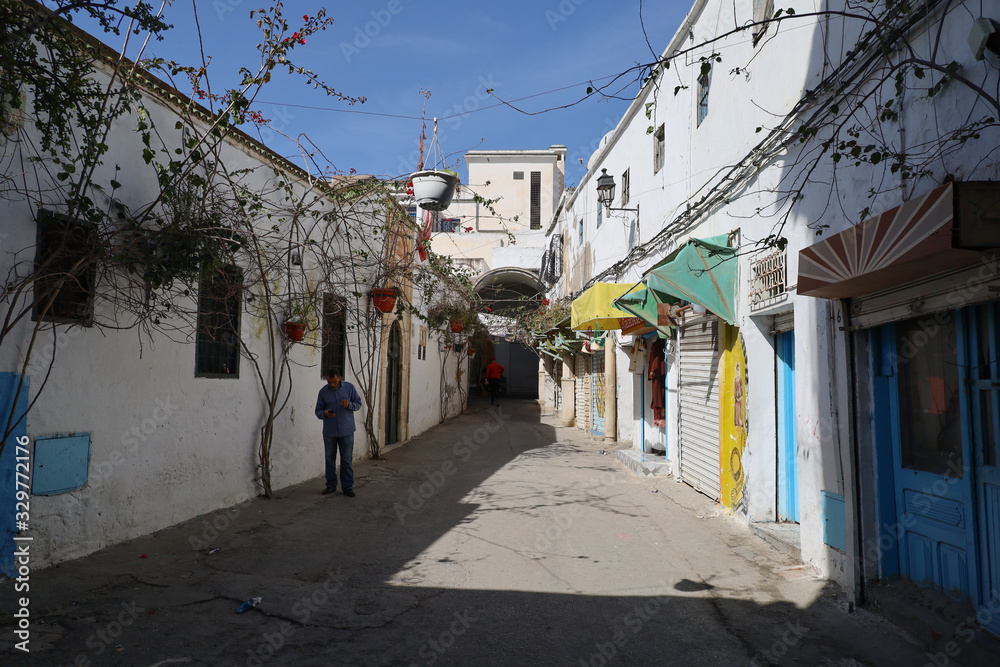 A sunny street in the Medina of Tunis, Tunisia