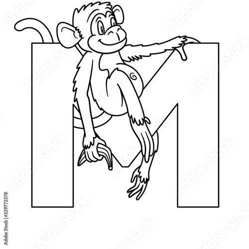 animal alphabet. capital letter M, Monkey. Raster illustration. For pre school education, kindergarten and foreign language learning for kids and children. Coloring page and books, zoo topic.