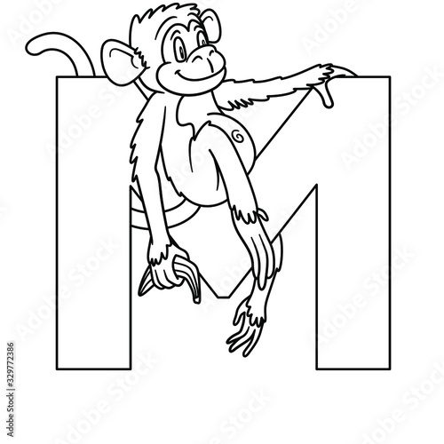 animal alphabet. capital letter M, Monkey. vector illustration. For pre school education, kindergarten and foreign language learning for kids and children. Coloring page and books, zoo topic.