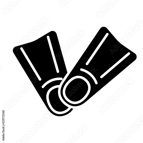 Silhouette pair of flippers icon. Outline logo of scuba diving. Black illustration for equipment rental, swimming lessons. Flat isolated vector image on white background. Cartoon symbol of water theme
