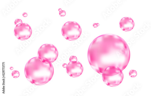 Pink fizzing air or water bubbles on white background.