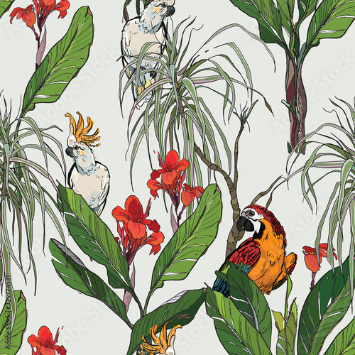 Parrots in Banana Trees with Red Flowers and Jungle Leaves, Exotic Hibiscus Floral Print, Tropical Wildlife Birds in Rainforest, Blue Background