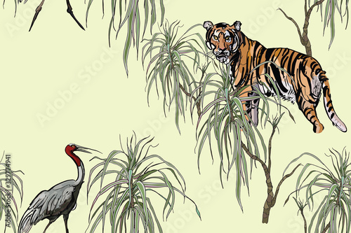 Wildlife Safari Seamless Patter, Tiger Animal, Crane Birds in Dragon Trees on Yellow Background, Desert Africal Exotic Plants, Oriental Textile Print photo