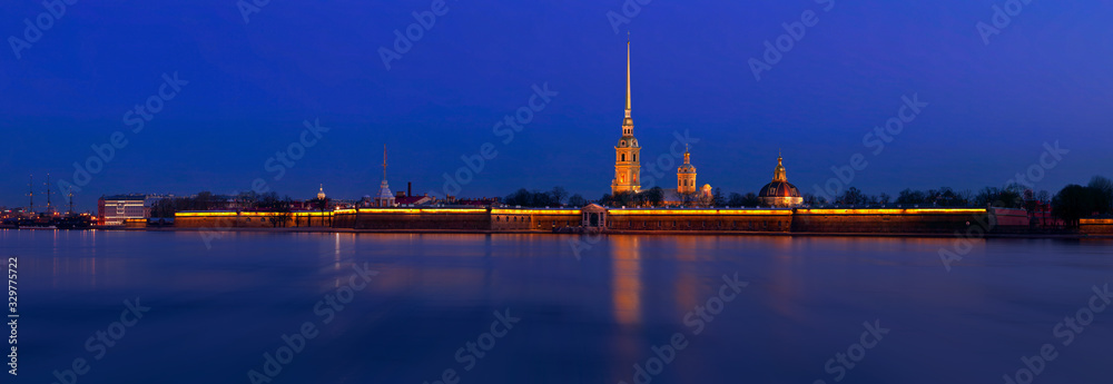 Panorama of Peter and Paul fortress (Petropavlovskaya krepost), Saint Petersburg before dawn