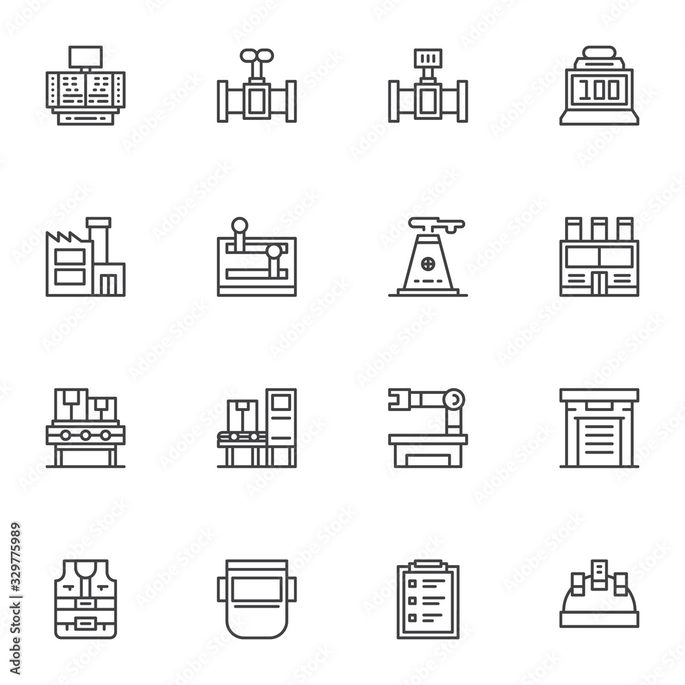 Factory manufacture line icons set. linear style symbols collection, outline signs pack. vector graphics. Set includes icons as robot hand, automatic conveyor belt, factory building, safety vest, mask