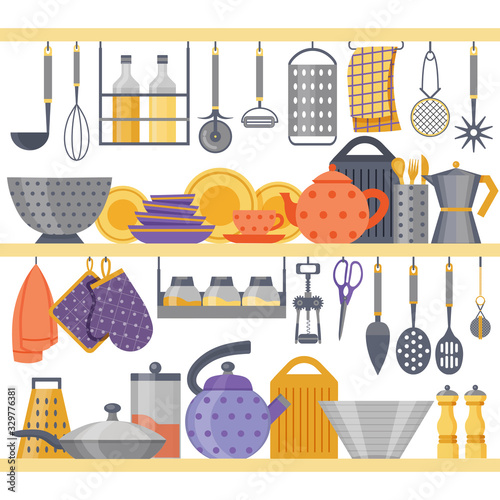 Flat Kitchen Shelves with Utensils and Kitchenware