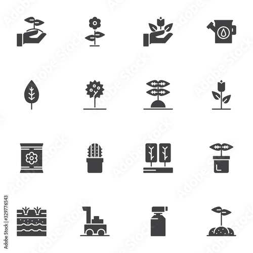 Gardening vector icons set, modern solid symbol collection, Farming filled style pictogram pack. Signs, logo illustration. Set includes icons as apple tree, growing plant in soil, seed pack, leaf