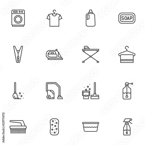 Cleaning and Housework line icons set. linear style symbols collection, Household equipment outline signs pack. vector graphics. Set includes icons as washing machine, iron, vacuum cleaner, brush