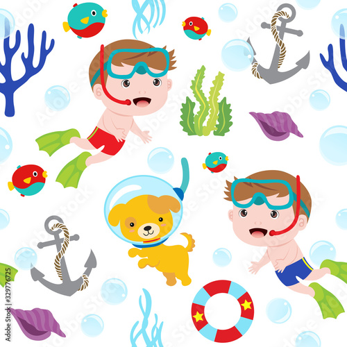 cute dog and divers on a white background seamless pattern