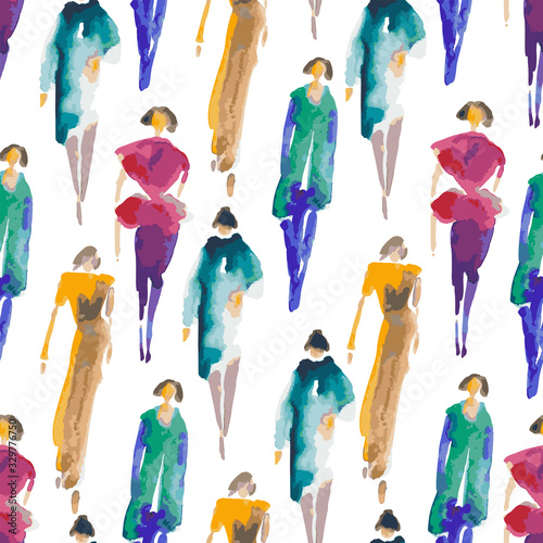 Seamless pattern. Color spot with watercolors in the form of a group of people. Vector watercolor hand painted silhouette of woman