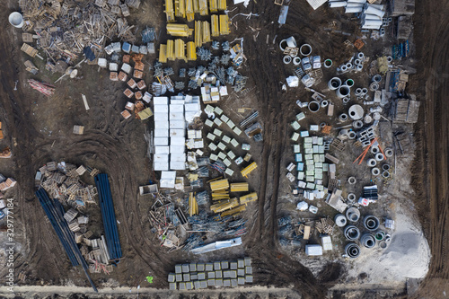 Construction site, equipment and materials, top view. © maykal
