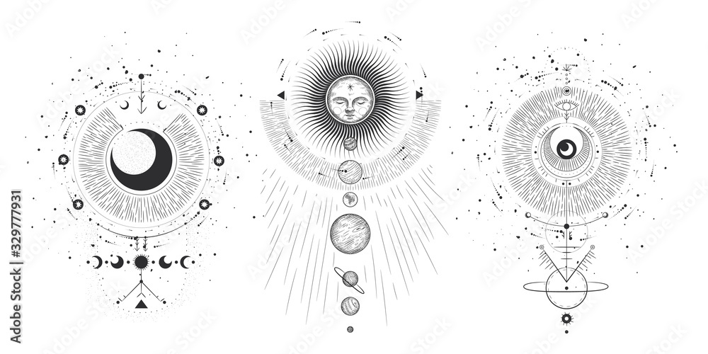 Fototapeta Vector illustration set of moon phases. Different stages of moonlight activity in vintage engraving style. Zodiac Signs