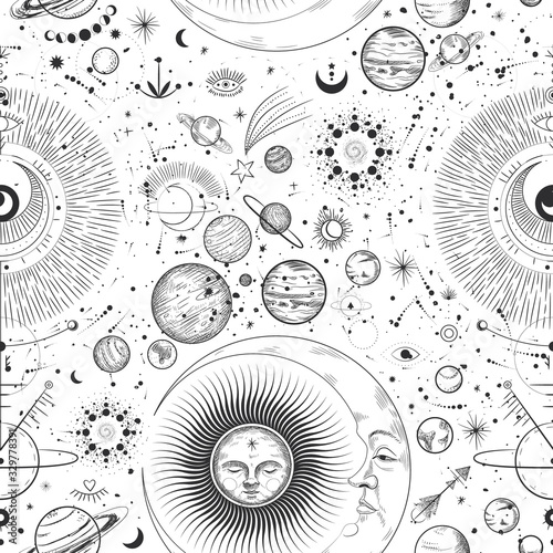Vector illustration set of moon phases. Different stages of moonlight activity in vintage engraving style. Zodiac Signs