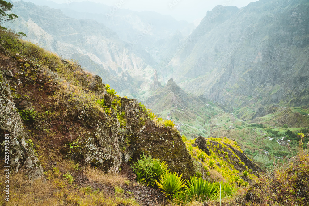 Naklejka premium Travel holiday vacation Santo Antao island, Cape Verde. Lombo de pico in Xo Xo Valley on hiking route trail over Rabo Curto to Ribeira da torre