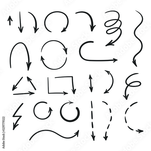 Different hand drawn grey arrows isolated on white background