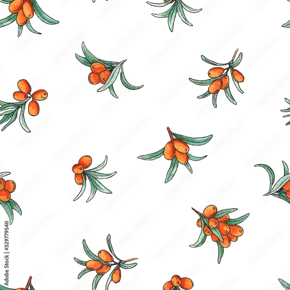 Fototapeta premium Seamless pattern with sea buckthorn berries and leaf, Watercolor design for packaging herbal tea, natural cosmetic, oil, berryes jam. Endless sea-buckthorn pattern for wrapping paper