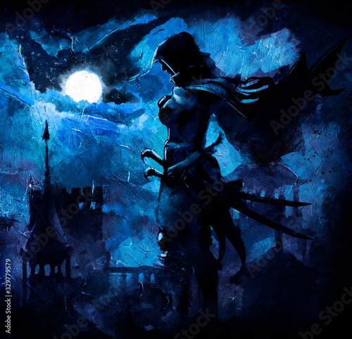 Fotografía A beautiful night landscape of the city’s fantasy, illuminated by the moon, with blue clouds, in the foreground stands a warrior in a hood with two sabers on his belt