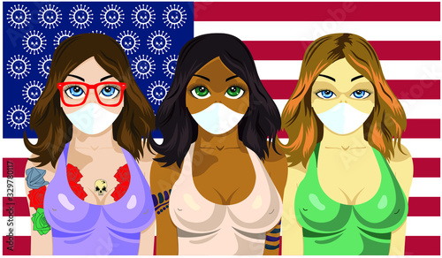 coronavirus 2019-nCoV with womans in blue medical face mask on USA flag. Wuhan pneumonia outbreak on red background. Stars on the flag in the form of a coronavirus symbol