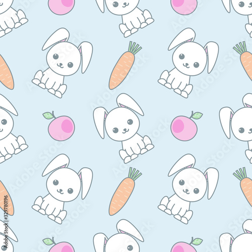 Cute seamless pattern with cartoon funny rabbits. Childish background. Pattern with doodle. Vector kawaii illustration.