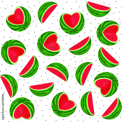 Fototapeta Naklejka Na Ścianę i Meble -  slice watermelon and heart-shaped watermelon pattern with seeds isolated on transparent background. for printing on kids fabric