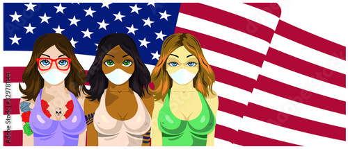 Coronavirus 2019-nCoV with womans in blue medical face mask on USA flag. Wuhan pneumonia outbreak on red background.
