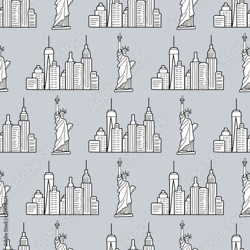 New york pattern with the USA symbols. The Statue of liberty and city buildings line drawing. Seamless background. Urban sketch. Vector
