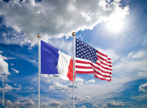 United States of America vs France. Thick colored silky flags of America and France. 3D illustration on sky background. - Illustration