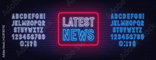Latest news neon sign on brick wall background. Template for design with fonts.