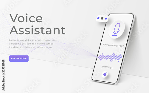 White realistic 3d smartphone. Voice assistant concept. Mobile app infographic template with buttons and audio waves. Interface for audio control illustration