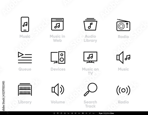 Music Stream Service icons. Music in Web, Radio, on TV, Devices, Search Tracks. Editable line vector set
