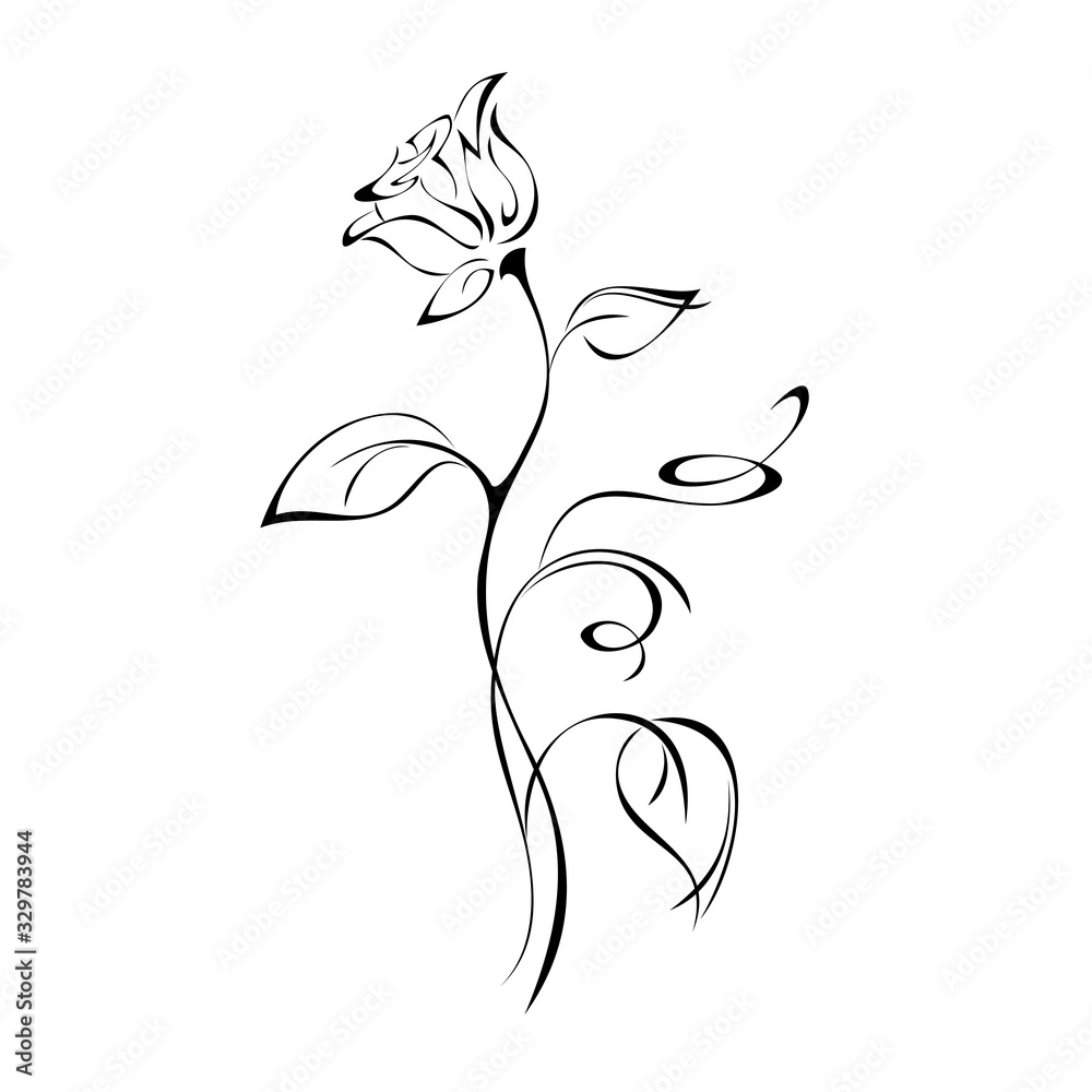 Naklejka premium ornament 1076. one stylized rose flower Bud on a curved stem with leaves and curls in black lines on a white background