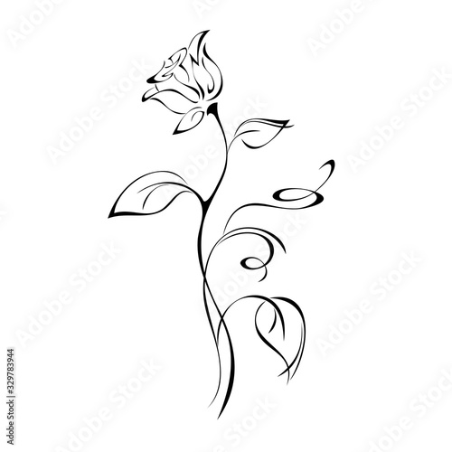 ornament 1076. one stylized rose flower Bud on a curved stem with leaves and curls in black lines on a white background