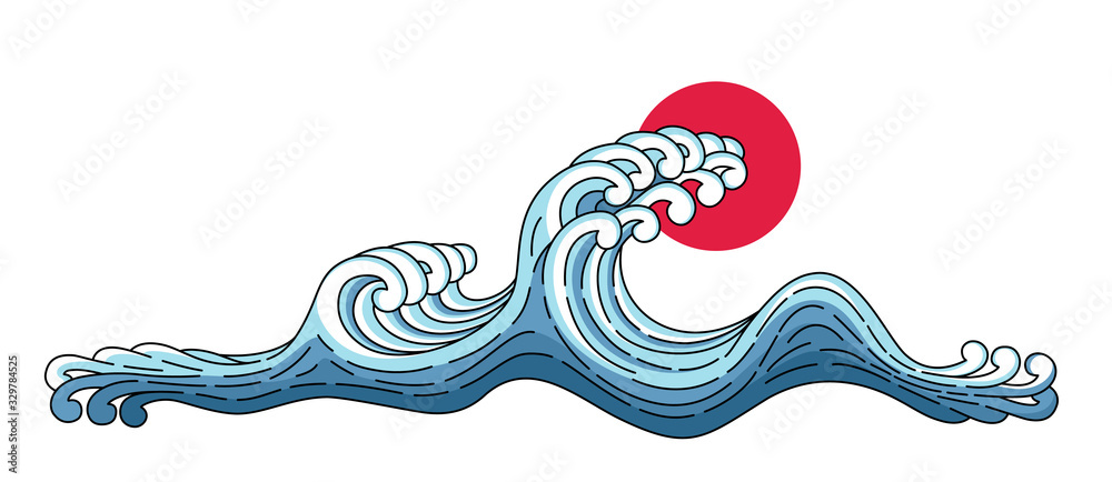 Wave and big red sun. Vector Japan wave isolated on a white background. Japanese oriental style vector art illustration. Japan, asian ocean blue wave. Wave and big red sun. Vector Japan wave isolated on a white background. Japanese oriental style vector art illustration. Japan, asian ocean blue wave.