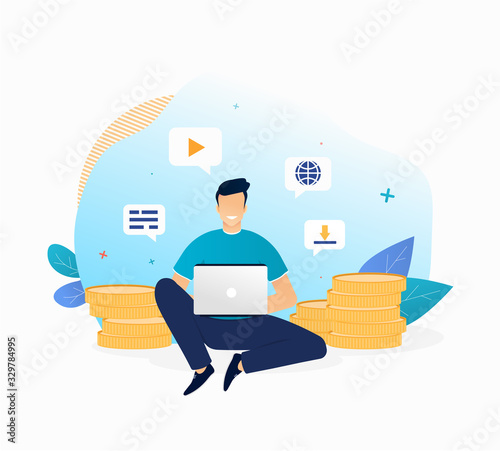 SMM or Social Media Marketing manager sitting with his laptop and working on a strategy of magnetising the audience to his projects on various social networks. Flat image isolated on white background