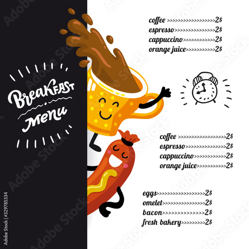 Vector design Breakfast menu with calligraphy lettering. Flat chalk illustration of coffee cup, sausage. Funny cartoon characters. Template Menu board.