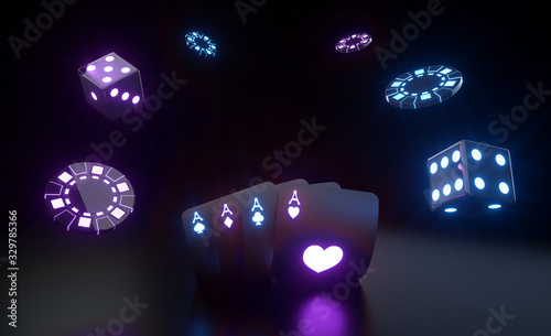 Casino Gambling Concept With Futuristic Purple And Blue Neon Lights - 3D Illustration