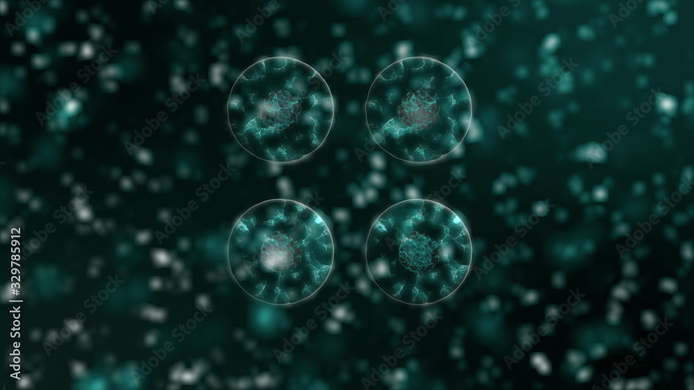 Pathogen of coronavirus 2019-nCov moves inside organism presented as green cells on black background. Dangerous virus strain cases like coronavirus, SARS, MERS concept. 3d rendering close up 4K video.