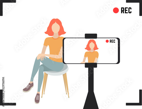 Video blogger making video for blog or vlog review. Cute girl video blogger and camera. Vector flat illustration. © Риана Сим